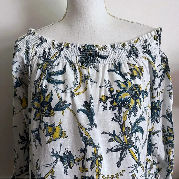 Loft • White Blue Yellow Off The Shoulder Cotton Blouse - Picture 2 of 5